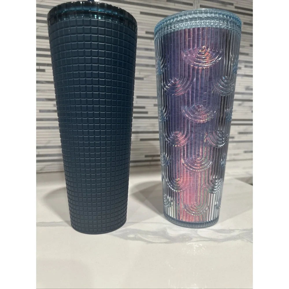 Starbucks‎ Venti Cold Cup Tumbler Set Navy Blue Grid & Iridescent Scalloped 24oz